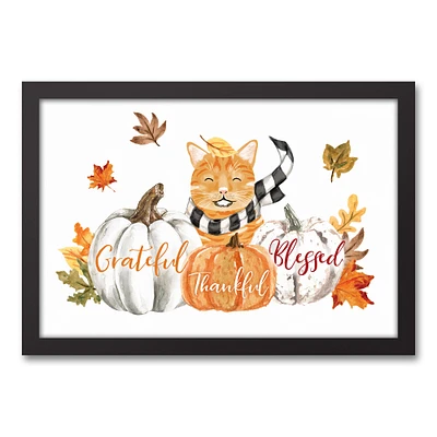 Kitty With Pumpkins Canvas Wall Art with Black Frame