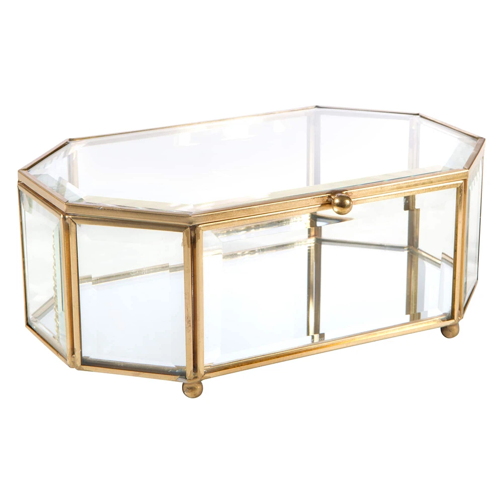 Home Details Large Gold Vintage Mirrored Bottom Octagonal Glass Keepsake Box