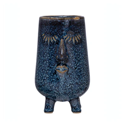 6" Blue Reactive Glaze Stoneware Planter with Face