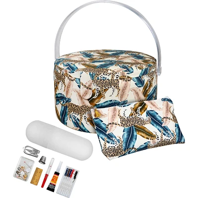 SINGER® Large Jungle Print Premium Round Sewing Basket with Travel Sewing Kit