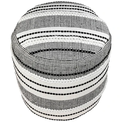 18" White & Black Striped Outdoor Woven Pouf Ottoman