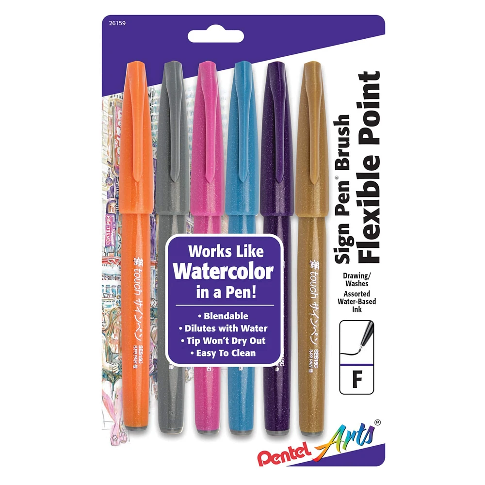 Pentel® Sign Pen® Brush Flexible Point Fashion Colors 6 Set