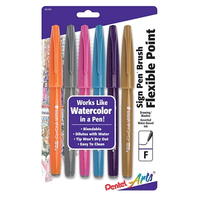 Pentel® Sign Pen® Brush Flexible Point Fashion Colors 6 Set