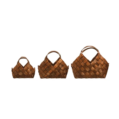 Brown Woven Seagrass Baskets with Leather Handles Set