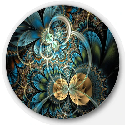 Designart Contemporary Symmetrical Blue & Gold Fractal Flower Large Metal Wall Art Disc