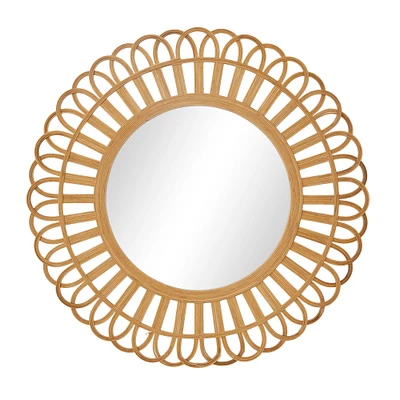 Brown Rattan Bohemian Wall Mirror, 35" x 35" x 1"