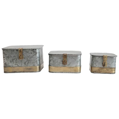 Galvanized Metal Boxes with Lids & Brass Accents Set, 3ct.