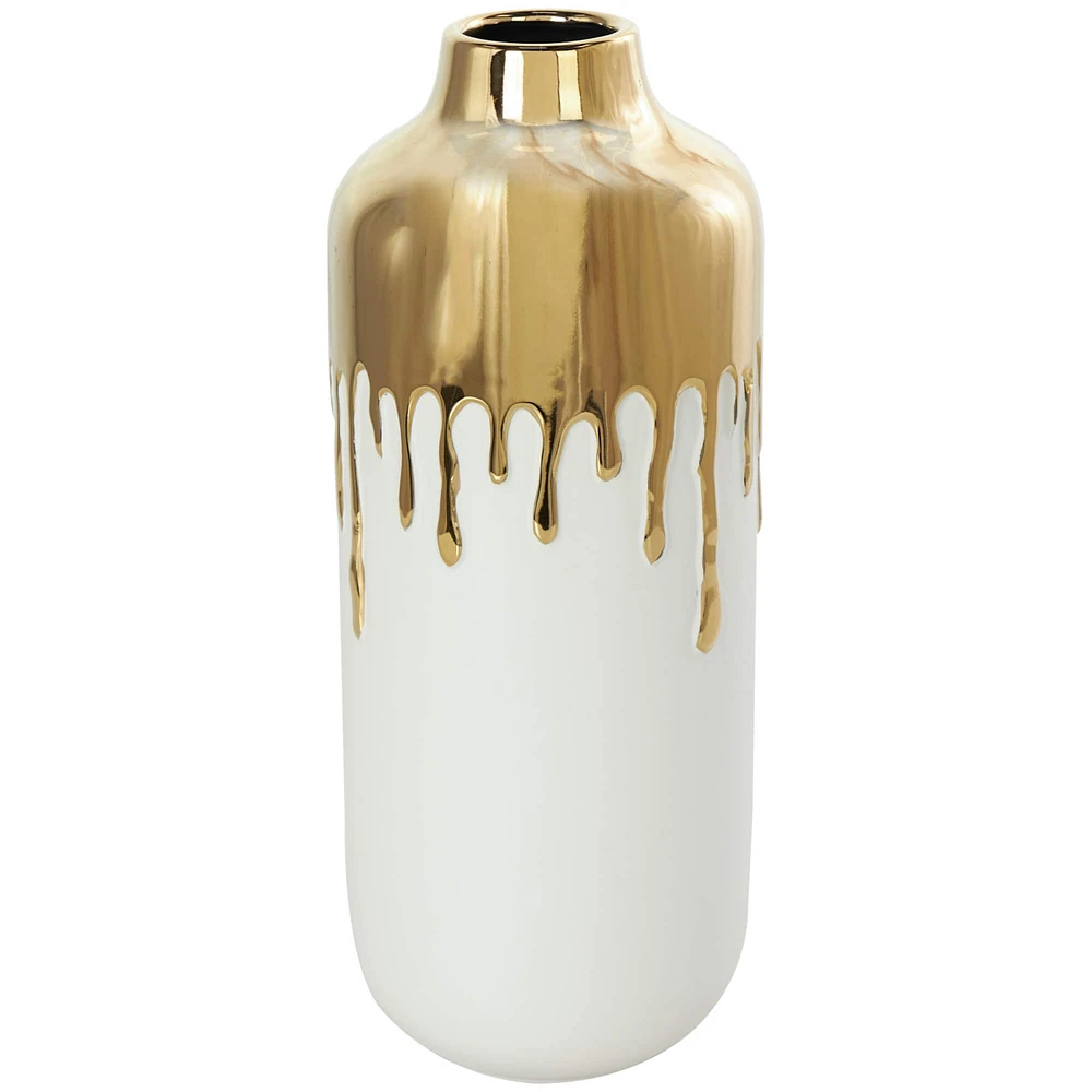 CosmoLiving by Cosmopolitan 14" White with Gold Melting Drips Ceramic Vase