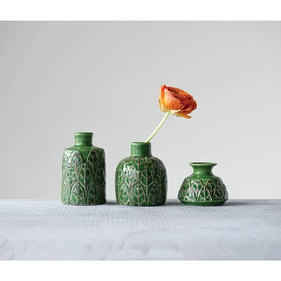 Green Embossed Stoneware Vases Set