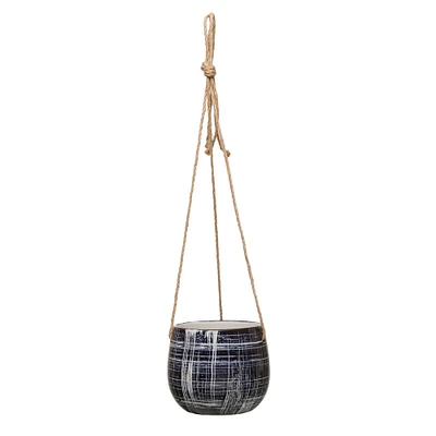 5" Blue Pattern Hanging Stoneware Planter with Jute Hanger