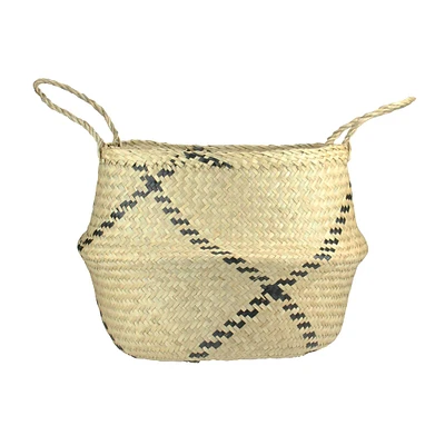 17" Beige & Black Seagrass Belly Basket with Handles