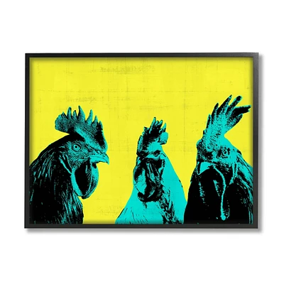 Stupell Industries Bold Pop Farm Roosters Yellow Blue Abstract Birds Framed Wall Art