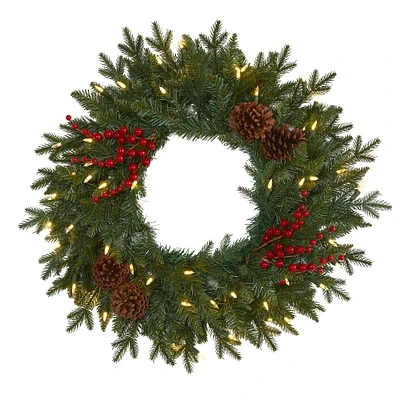 24" LED Green Pine Christmas Wreath with Berries & Pinecones