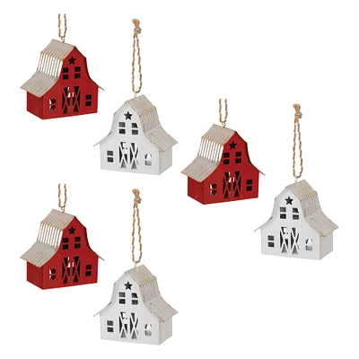 Rustic Red & White Metal Barn Ornaments Set