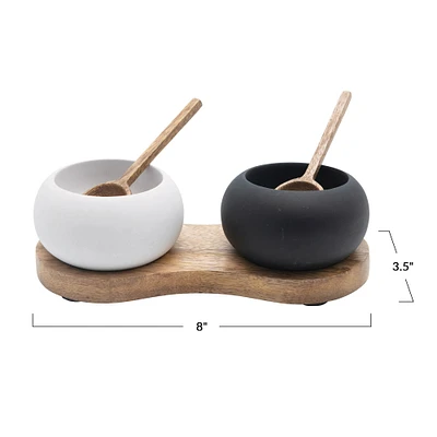 Black & White Pinch Pot Bowls with Wood Spoons & Mango Wood Tray Set