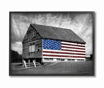 Stupell Industries Black & White Barn with American Flag Wall Art in Black Frame