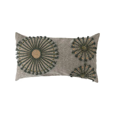 Embroidered Cotton Pillow With Applique & Chambray Back