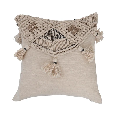 Hand-Woven Cotton & Jute Macramé Pillow with Tassels