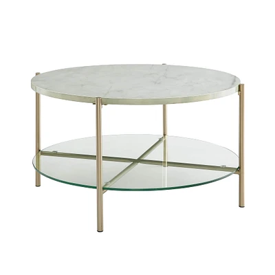 Faux White Marble, Glass & Gold Modern Round Coffee Table 