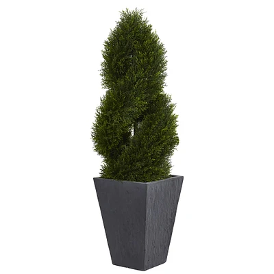 4ft. UV Resistant Cypress Double Spiral Topiary Artificial Tree in Slate Planter