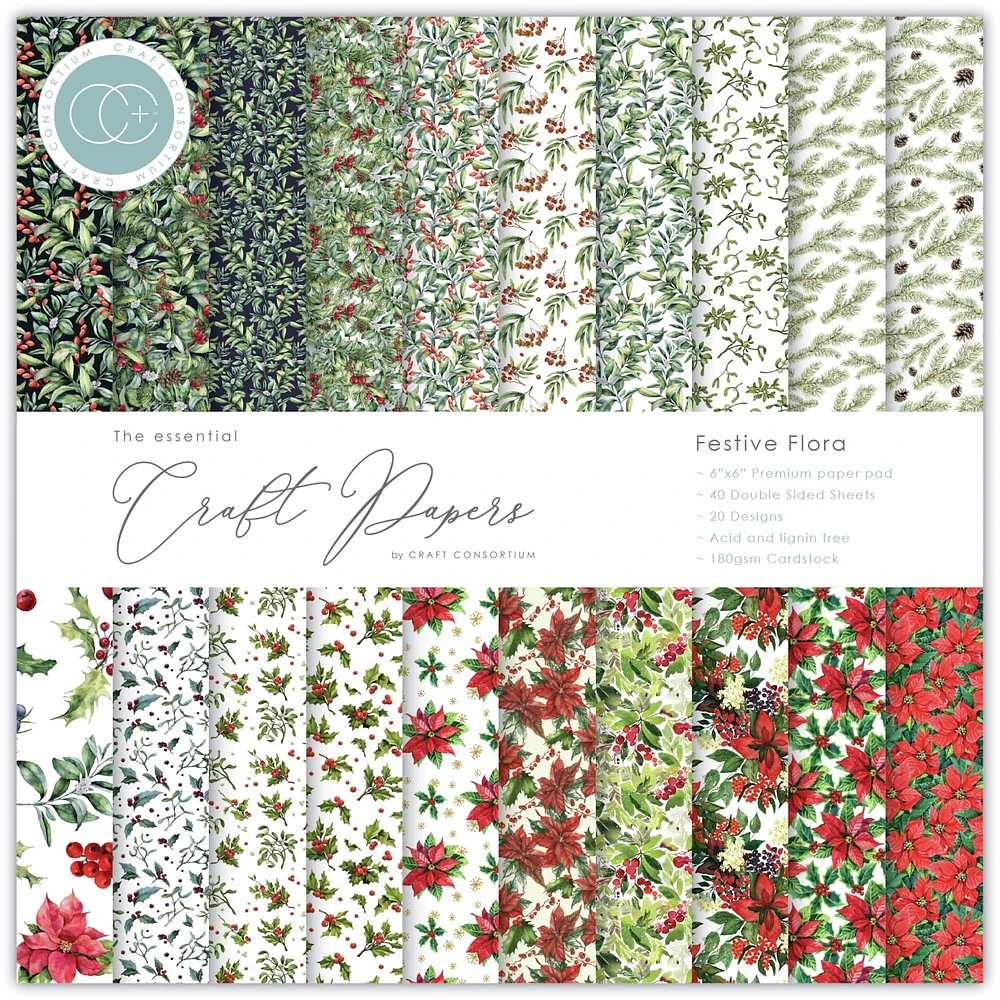 Craft Consortium Festive Flora Double-Sided Paper Pad, 6" x 6"