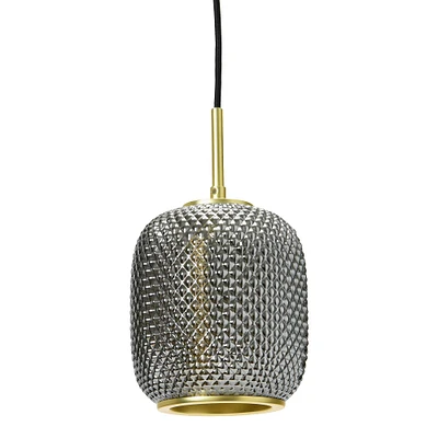 Smoked Embossed Glass Shade Pendant Lamp with Brass Accents