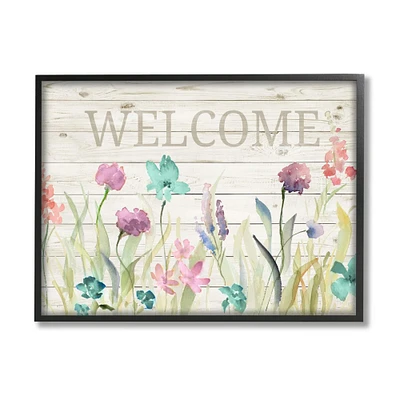 Stupell Industries Welcome Sign Spring Wildflower Meadow Rustic Pattern Framed Wall Art