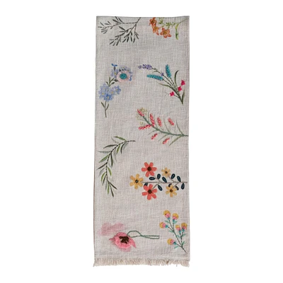 72" Multicolor Slub Printed Embroidered Flower Table Runner