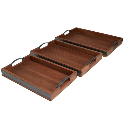 Brown & Black Wooden Nesting Tray with Metal Handles Set