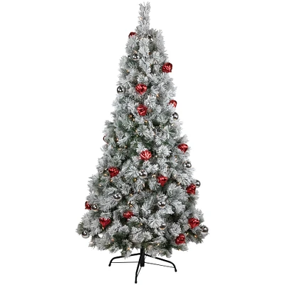 6ft. Pre-Lit Snowy Bristle Pine with Ornaments Artificial Christmas Tree, Clear Lights