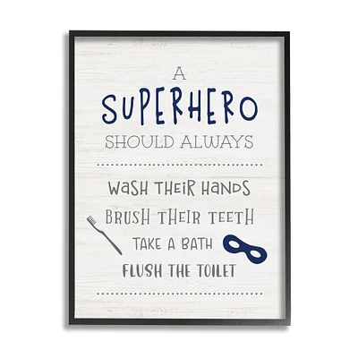 Stupell Industries Superhero Bathroom Rules Good Hygiene Phrases Blue Mask Framed Wall Art