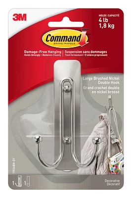 Command™ Decorative Double Hooks, Brushed Nickel 
