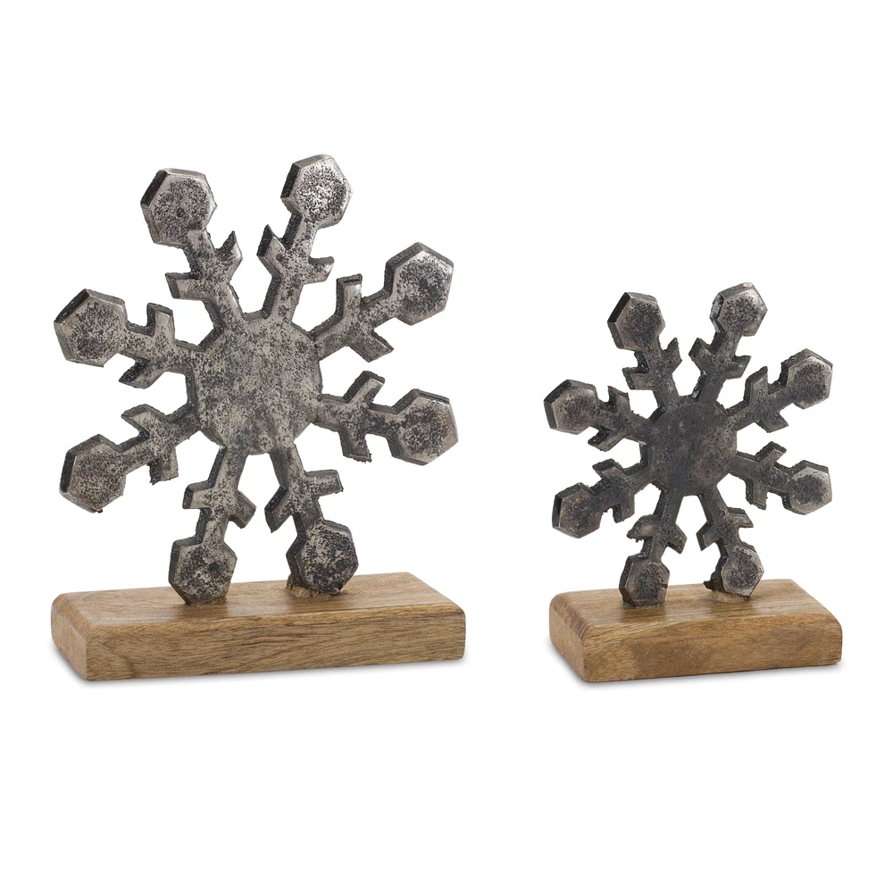 Metal Snowflake on Wood Base Set