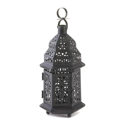 10.5" Black Metal Moroccan Style Candle Lantern with Intricate Cutouts