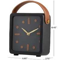 8" Black Metal Small Clock with Leather Handle & Hour Markers