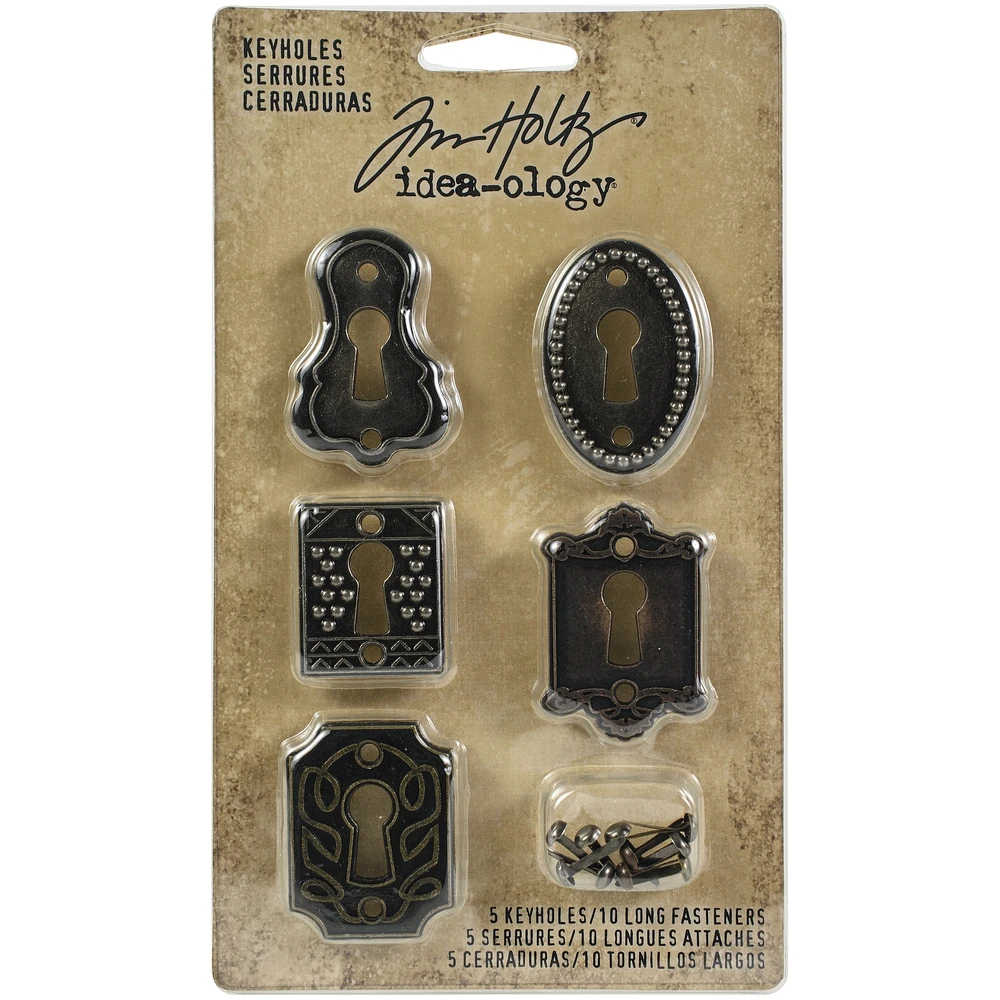 Idea-Ology Metal Keyholes W/Brads .75"X1" To 1"X1.5" 5/Pkg-Antique Nickel, Brass & Copper