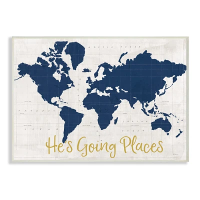 Stupell Industries He's Going Places Blue World Map Wall Plaque