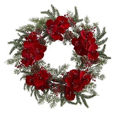 22" Red Orchid, Berry & Pine Holiday Wreath