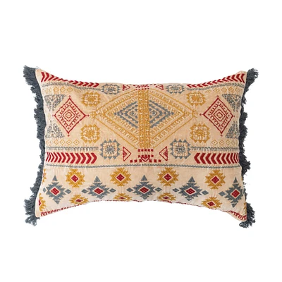 Cotton Velvet Embroidered Lumbar Pillow With Chambray Back & Fringe