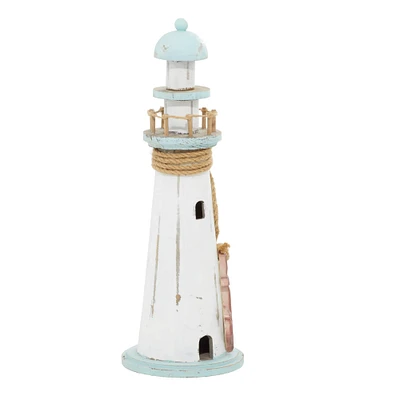 Coastal White Wooden Lighthouse Sculpture, 15" x 6" x 6"