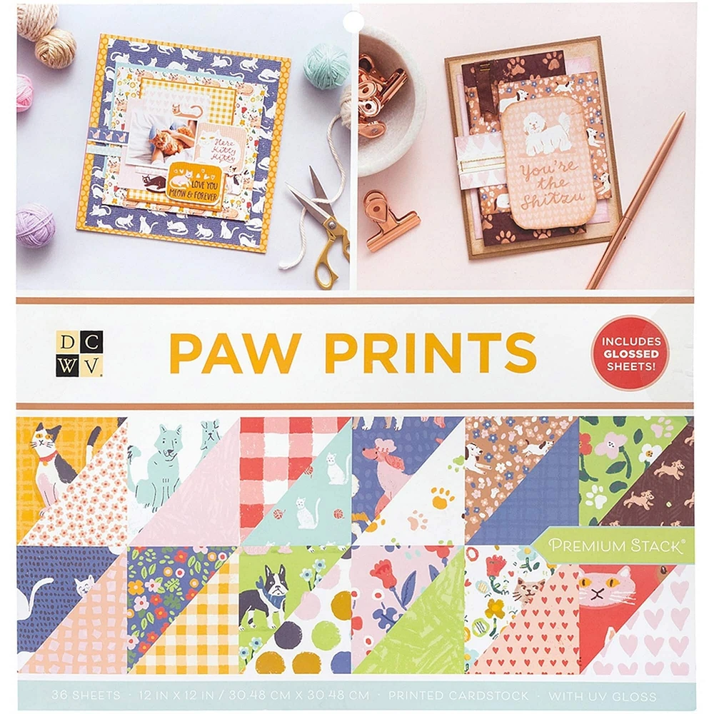 DCWV® Paw Prints 12" x 12" Double-Sided Cardstock Stack, 36 Sheets