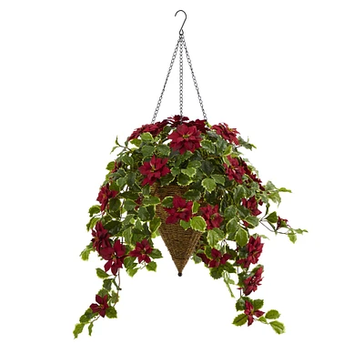 3.5ft. Real Touch Poinsettia and Variegated Holly Artificial Plant in Hanging Cone Basket