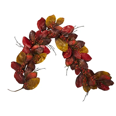6ft. Autumn Magnolia Leaf with Berries Garland