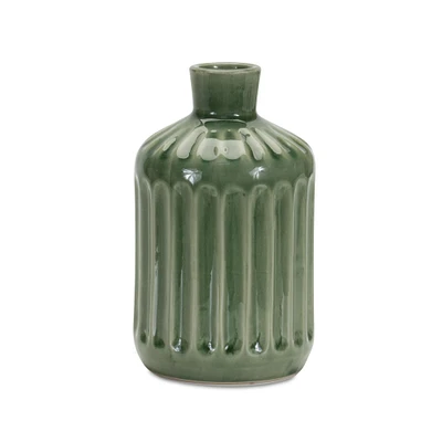 7" Green Ribbed Terracotta Vase