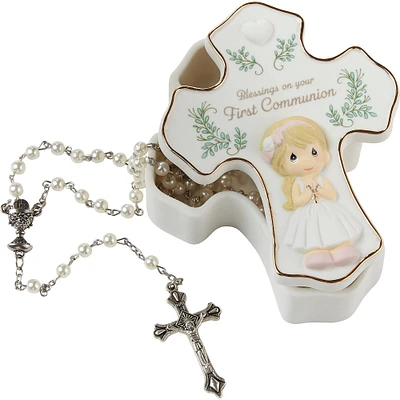 Precious Moments Blessings On Your First Communion Girl Bisque Porcelain & Plastic Rosary Box With Rosary