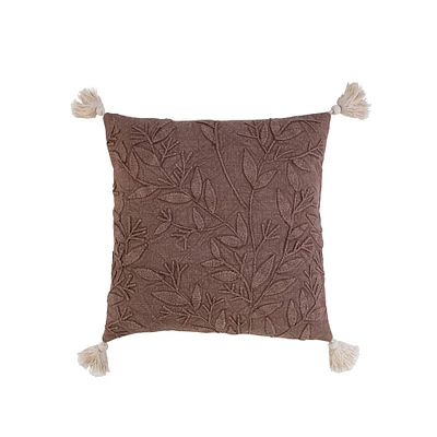 Aubergine & Natural Leaf Embroidery Stonewashed Cotton Pillow with Tassels