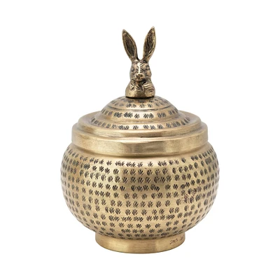 8'' Brass Finished Hammered Metal Container with Rabbit Finial