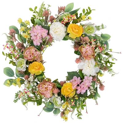 26" Pink & Yellow Rose & Hydrangea Floral Spring Wreath