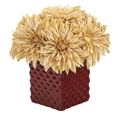 11" Cream Dahlia Arrangement in Red Ceramic Cube