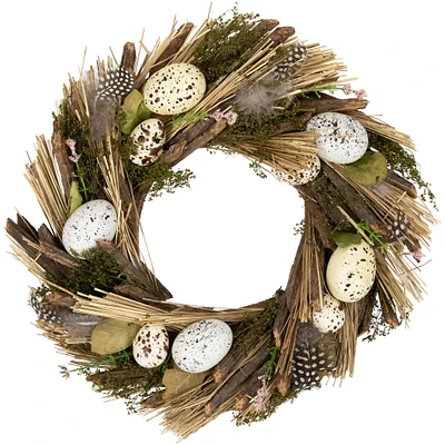 14" Speckled Eggs & Feathers Artificial Easter Wreath